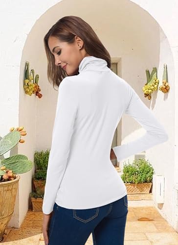 Women Long Sleeve Turtleneck Shirts Solid Color Lightweight Thermal Winter Casual Outfit, White, S