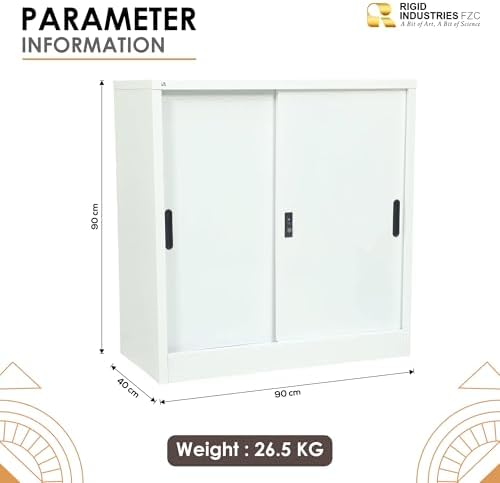 RIGID Curved Steel Sliding Doors Storage Cabinet | Metal Storage Unit with Key Lock & Adjustable Shelf | Heavy Duty Small Cupboard for Home Office Gym Hospital (Grey, 93.5H x 90W x 47D CM) -Assembled