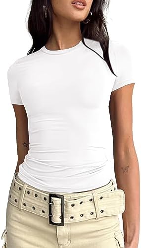 BAIGRAM Women’s Basic Slim fit Crop Top Tee Shirt Short Sleeve Workout Round Neck Cropped Tshirt