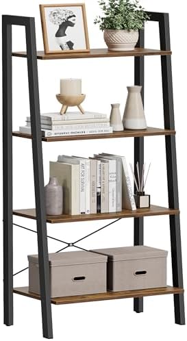 Vasagle Industrial Ladder Shelf, 4 Tier Bookshelf, Storage Rack Shelves, Bathroom, Living Room, Wood Look Accent Furniture, Metal Frame, Ulls44X, Rustic Brown + Black