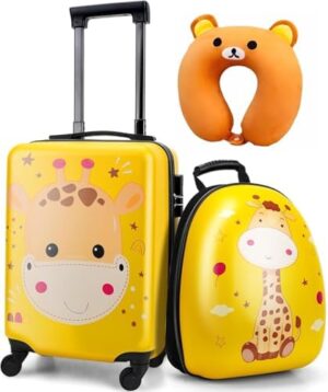 luggage & travel gear, kids trolley luggage bag, luggage set of 3, suitcase set, cabin bag, carry on luggage, شنطة سفر, trolley luggage bag 18" ABS+PC with Backpack & Pillow (Giraffe)
