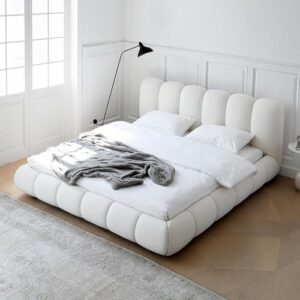 Maple Home Bed Frame Velvet Fabric Platform Bed Thick Padded Headboard Premium Wooden Frame Bedroom Apartments Furniture (180 * 200 King Size)