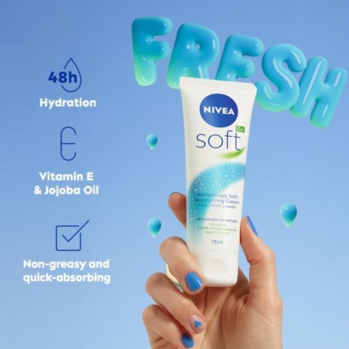 NIVEA Soft Moisturising Cream, A Moisturising Cream for Face, Body and Hands with Vitamin E and Jojoba Oil, Hand Cream Moisturises Deeply, All-Purpose Day Cream Tube, 75ml