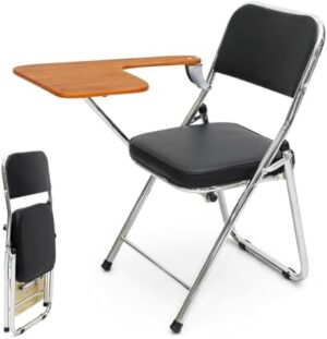 Multi Home Furniture Black Folding Study Chair with Brown Writing Pad – Ergonomic Chair with Silver Metal Frame – Study Chair for Adults & Students – Foldable Chair for Study Rooms & Remote Work
