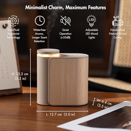 Waterless Essential Oil Diffuser with Solid Wood Lid, 3 Timers, 2 Mist Modes, Silent Dual Fluid Aroma Diffuser, Portable Waterless Fragrance Diffuser