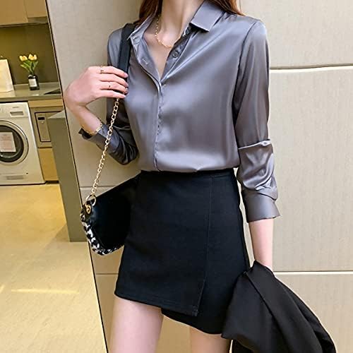 Women's Satin Blouse Fashion Long Sleeve Satin Silk Shirt Work Office Top Casual Shirt