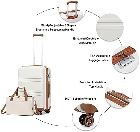 Kono Luggage Sets of 2 Piece Lightweight 52x38x21cm ABS Hard Shell Travel Carry on Suitcase with TSA Combination Lock + Ryanair 40x20x25cm Cabin Bag (Cream White, 20 Inch Luggage Set)
