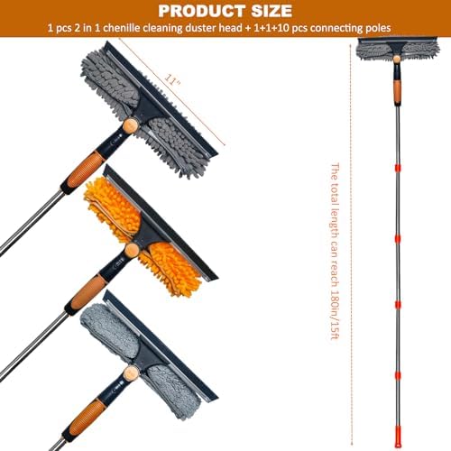 20 ft+ Reach Squeegee Cleaner Duster 2 in 1 Rotatable Window Cleaning Tool Kit With 3-14 ft Extension Pole, Washing Equipment for Indoor Outdoor Glass Car - 3 Pads