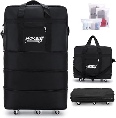 Travel Moving Trolley Luggage 36"inch Foldable Bag XX-Large 30kg/120L “Expandable Rolling Wheel Duffel Bag Large Capacity Suitcase 5 Durable Rolling Wheel Waterproof Lightweight Luggage Black.