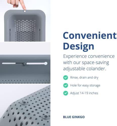 BLUE GINKGO Over the Sink Colander Strainer Basket - Wash Vegetables and Fruits, Drain Cooked Pasta and Dry Dishes - Extendable - New Home Kitchen Essentials (7.9W x 14-19L x 2.75H) - Gray