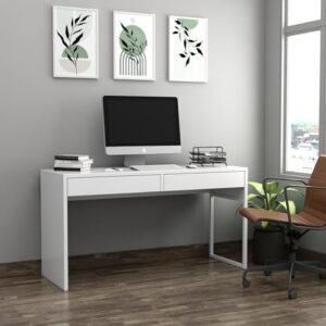 RIGID Wooden Computer Desk with 2 Drawers, Modern Executive Workstation with Leg Space, Durable Study Table for Home, Office & Writing (DIY Assembly, White, 50D x 120W x 75H CM)