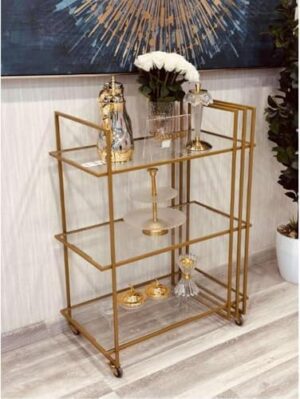 LINGWEI Bar Cart Metal Serving Trolly with 3 Clear Glass Shelves Food Serving 1.3cm Thick Metal Frame Utility Cart Kitchen Storage Cart For Home, Bar, Hospital (Gold)
