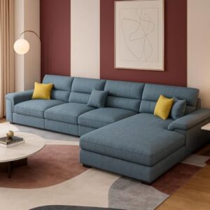 Karnak Luxurious 5 Seater L Shape Sofa | Fabric Upholstered Sofa | Modern Couch with Free Cushion | Wooden Blue Corner Sofa for Living Room Furniture & Bedroom, Home