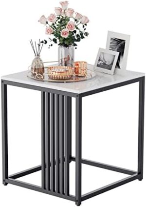Wisfor Marble Top Nightstand White: Square Sintered Stone End Table with Black Metal Frame Modern Bedside Sofa Side Accent Tables Home Furniture, 40 x 40 x 45 CM