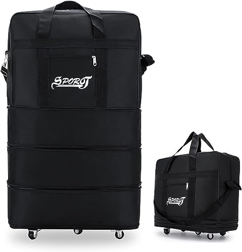 Expandable Suitcase Bag Foldable Rolling Luggage Bag, 3 Lays Waterproof Oxford Duffle Bag Suitcase 5 Wheels for Men Women Lightweight Suitcases Travel Duffel Bags (Black)