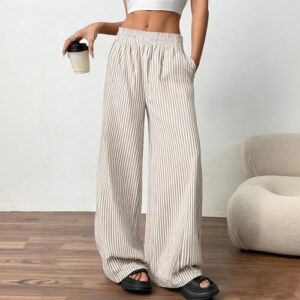 Women Linen Pants Wide Leg Striped Pant Elastic Waist Casual Lounge Loose Track Trousers with Side Pockets