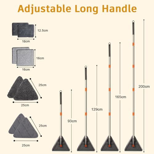 200cm Wall Cleaner Mop with Long Handle, 3-in-1 Adjustable Baseboard Cleaning Mop Sweeper, Triangle Ceiling Cleaning Tool Duster with Extendable Pole 2 Heads 8 Reusable Pads Squeegee for Window Floor