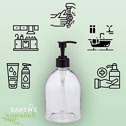Earth's Essentials (2 Pack) Versatile 16 Ounce Refillable Designer Pump Bottles. Excellent Liquid Hand Soap, Homemade Lotion, Shampoo and Massage Oil Dispensers. Shatterproof PET Plastic.