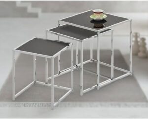 Danube Home Jorley Set Of 3 Glass Nesting Table | Multifunctional Living Room Nest Of Tables | Modern Design Furniture For Home L40xW40xH45cm -Chrome/Black Glass