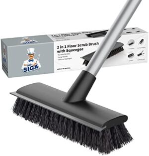 MR.SIGA Floor Scrub Brush with Long Handle, 2 in 1 Floor Scrubber and Squeegee for Cleaning Bathroom, Patio, Garage, Wall, Tile Scrub Brush with Stiff Bristles
