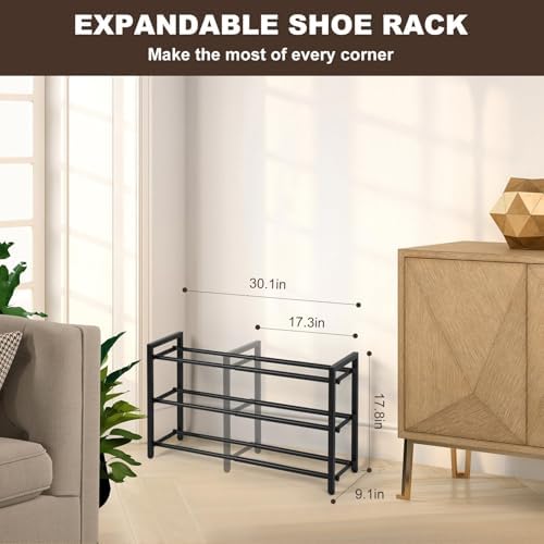 SALADAYS 3-Tier Expandable Shoe Rack, Adjustable Shoe Storage Shelf Organizer, Sturdy and Durable Metal Structure Free Standing Shoe Rack for Closet Entryway Doorway(Black)