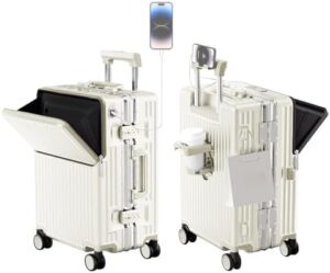 LIODUX Hardshell Zipperless Carry On Luggage, Aluminum Frame Suitcases with Quiet Wheels, Travel Luggage without Zipper, Lightweight Fashion Carry-on with Cup Holder & USB C Ports (White, 20 Inch)