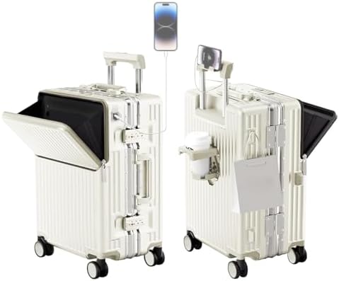 LIODUX Hardshell Zipperless Carry On Luggage, Aluminum Frame Suitcases with Quiet Wheels, Travel Luggage without Zipper, Lightweight Fashion Carry-on with Cup Holder & USB C Ports (White, 20 Inch)