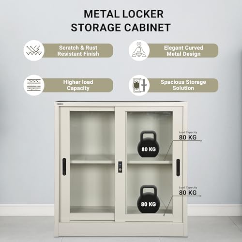 RIGID Steel Cupboard with 2 Compartments | Low Height Wardrobe with Glass Door & Adjustable Shelves | Sliding Door Storage Cabinet for Home, Office and Living Room (40D * 90W * 90H cm) (Grey)