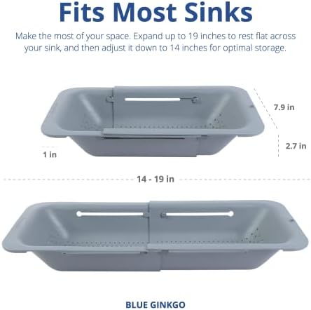 BLUE GINKGO Over the Sink Colander Strainer Basket - Wash Vegetables and Fruits, Drain Cooked Pasta and Dry Dishes - Extendable - New Home Kitchen Essentials (7.9W x 14-19L x 2.75H) - Gray