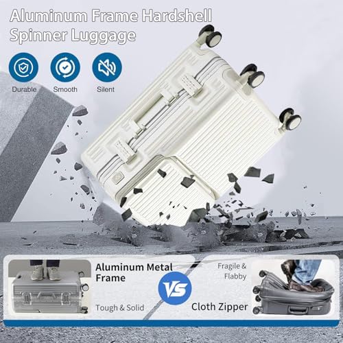 LIODUX Hardshell Zipperless Carry On Luggage, Aluminum Frame Suitcases with Quiet Wheels, Travel Luggage without Zipper, Lightweight Fashion Carry-on with Cup Holder & USB C Ports (White, 20 Inch)