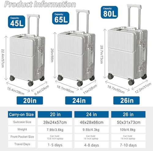 LIODUX Hardshell Zipperless Carry On Luggage, Aluminum Frame Suitcases with Quiet Wheels, Travel Luggage without Zipper, Lightweight Fashion Carry-on with Cup Holder & USB C Ports (White, 20 Inch)