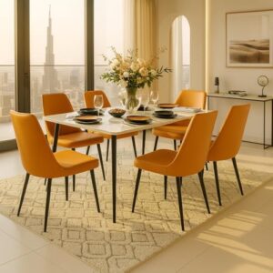 Vital 6-Seater Ceramic Dining Set with Glossy Marble-Style Tabletop & Soft Orange Padded Chairs | Scratch-Resistant& Easy-Clean Surface | Modern Dining Furniture for Homes & Apartments