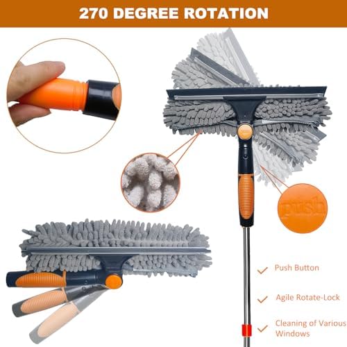 20 ft+ Reach Squeegee Cleaner Duster 2 in 1 Rotatable Window Cleaning Tool Kit With 3-14 ft Extension Pole, Washing Equipment for Indoor Outdoor Glass Car - 3 Pads