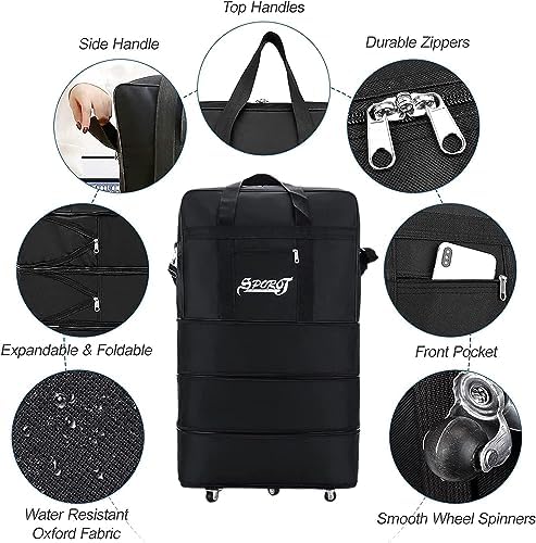 Expandable Suitcase Bag Foldable Rolling Luggage Bag, 3 Lays Waterproof Oxford Duffle Bag Suitcase 5 Wheels for Men Women Lightweight Suitcases Travel Duffel Bags (Black)