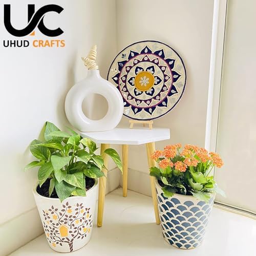 UHUD CRAFTS Beautiful Antique Wooden Fold-able Side Table/End Table/Plant Stand/Stool Living Room Kids Play Furniture Table Round Shape,White,Medium,UC-12