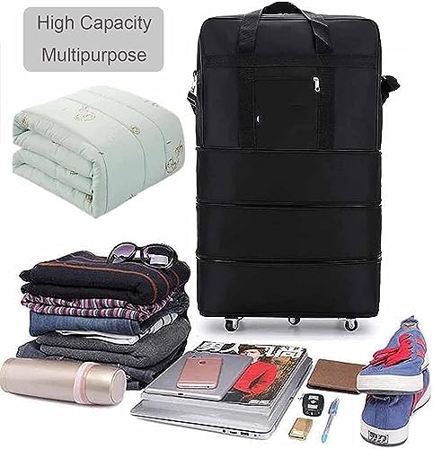 Expandable Suitcase Bag Foldable Rolling Luggage Bag, 3 Lays Waterproof Oxford Duffle Bag Suitcase 5 Wheels for Men Women Lightweight Suitcases Travel Duffel Bags (Black)
