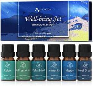 ASAKUKI Essential Oil Blends, Essential Oils Set for Diffusers for Home, Well-Being Kit- Calming, Dreams, Breathe, Relaxing, Mood, Fresh Air for Aromatherapy, Humidifiers, Massage, 6x10ml