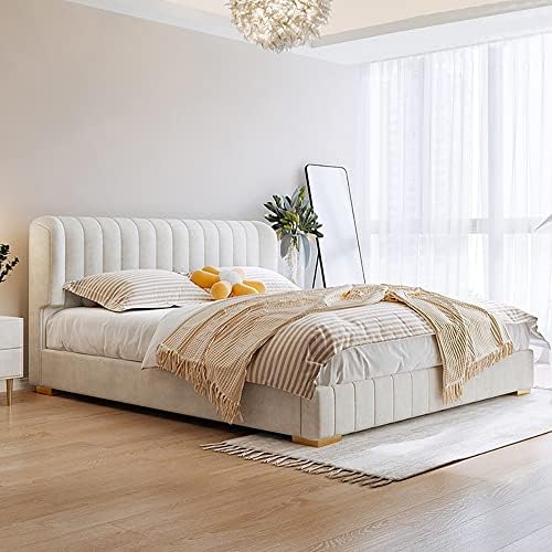 Maple Home Bed Frame Wood Upholstered Modern Velvet King Size Floating Bed Base Bedroom Furniture Off-White (180 * 200 King Size)