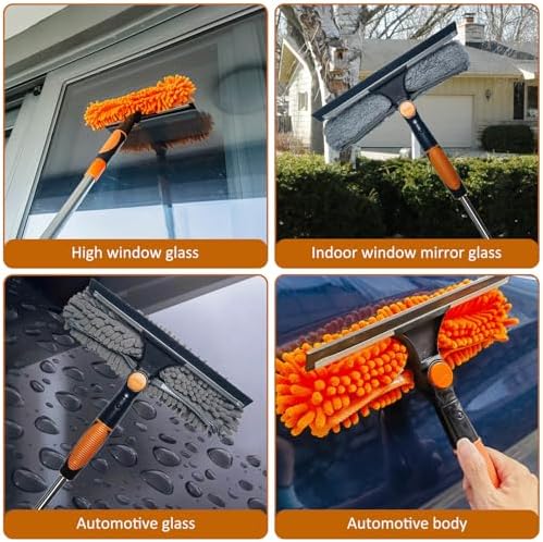 20 ft+ Reach Squeegee Cleaner Duster 2 in 1 Rotatable Window Cleaning Tool Kit With 3-14 ft Extension Pole, Washing Equipment for Indoor Outdoor Glass Car - 3 Pads