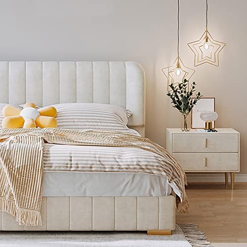 Maple Home Bed Frame Wood Upholstered Modern Velvet King Size Floating Bed Base Bedroom Furniture Off-White (180 * 200 King Size)