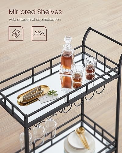 VASAGLE Bar Cart Black, Home Bar Serving Cart, Wine Cart with 2 Mirrored Shelves, Wine Holders, Glass Holders, for Kitchen, Dining Room, Black ULRC090B62