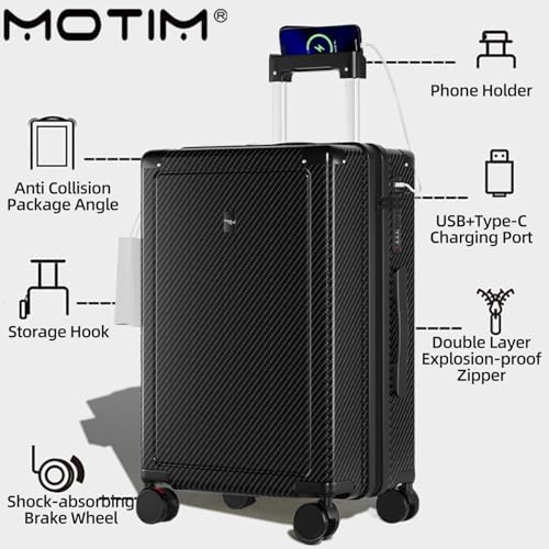 MOTIM Carry-on Suitcase for Women Men, Luggage with Charging Port, Travel Bag with 360° Spinner Wheels, Lightweight Textured Hard Shell, Password Lock, Black, hard side (22inch)