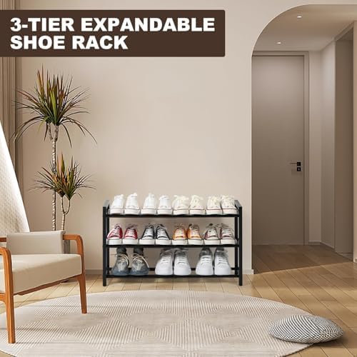 SALADAYS 3-Tier Expandable Shoe Rack, Adjustable Shoe Storage Shelf Organizer, Sturdy and Durable Metal Structure Free Standing Shoe Rack for Closet Entryway Doorway(Black)