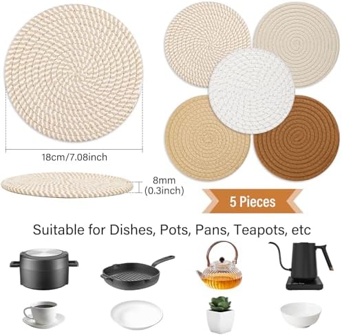 Trivet Mats Set for Hot Dishes, 5 Heat Resistant Pot Holders for Kitchen, Home Essentials, Anti Stain Hot Pads for Hot pots and Pans, Fall Decorations for Home, 7 Inches(Brown)