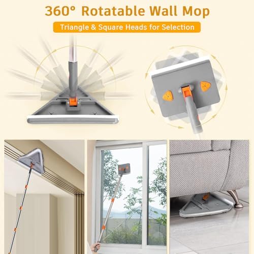 200cm Wall Cleaner Mop with Long Handle, 3-in-1 Adjustable Baseboard Cleaning Mop Sweeper, Triangle Ceiling Cleaning Tool Duster with Extendable Pole 2 Heads 8 Reusable Pads Squeegee for Window Floor