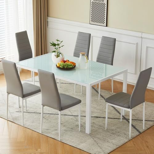 Danube Home Yattin 1+6 Glass Dining Set | 7-Piece Comfortable Dining Set | Sturdy Kitchen Dining Table With 6 Dining Chairs | Modern Design Furniture For Home Dining Room - White/Light Grey