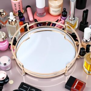 Round Tray Decor, Mirror Tray, serving & Glass Makeup &Vanity & Perfume &Decorative &mirror &Jewelry tray for bathroom, home decorative (gold)