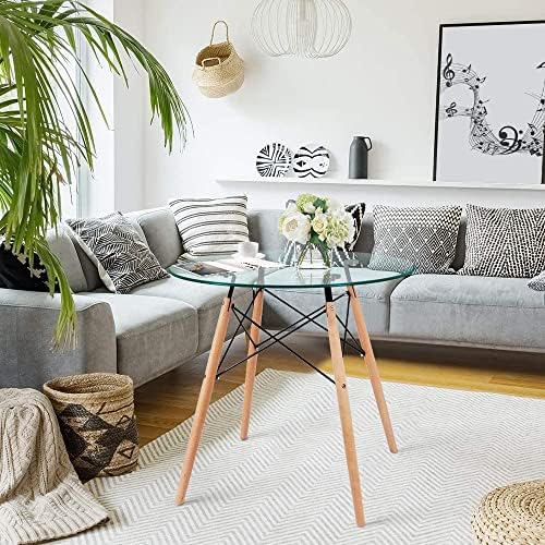 Mahmayi HYT12 110DIA Stylish Glass Round Table with Wooden Legs - Coffee Table for Living Room & Bedroom, Eiffel Support, Modern Centerpiece Furniture for Home Decor - 110CM (Translucent)
