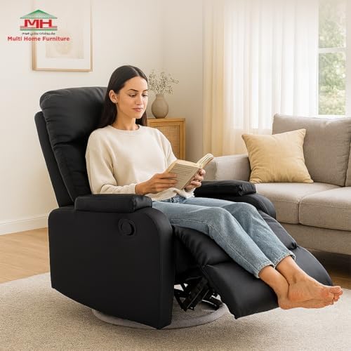 Multi Home Furniture Black Recliner Chair for Living Room – Modern Push Back Lazy Sofa Chair with 360° Swivel, Faux Leather Recliner Sofa, Single Sofa Seater Armchair Lounge Chair Sofa for Home