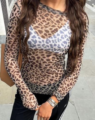 Sheer Mesh Long Sleeve Layering Top for Women Mock Neck Floral Lace Tshirt See Through Tee Shirt Blouse